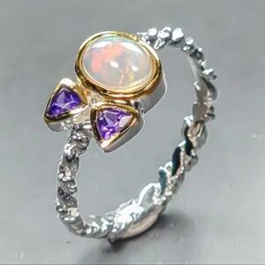 Natural Opal & Amethyst Ring - Gold Accents 925 Silver Size 6